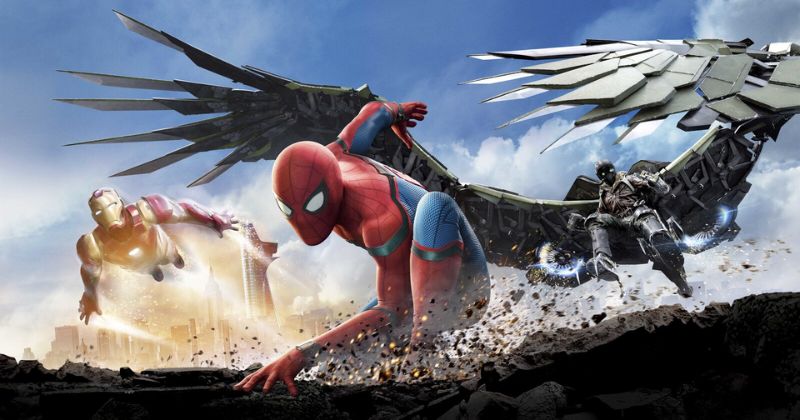 Spider-Man: Homecoming | สไปเดอร์แมน: โฮมคัมมิ่ง (2017) / Spider-Man กำลังกระโดดหนีจาก Vulture ในขณะที่ Iron Man บินอยู่ข้างหลัง