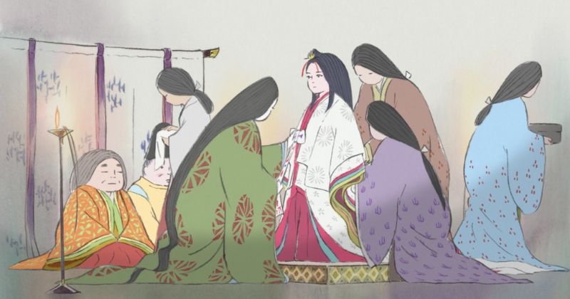 The Tale of the Princess Kaguya | เจ้าหญิงกระบอกไม้ไผ่เจ้าหญิงกระบอกไม้ไผ่ (2013) / มีหญิงสาวสวมชุดกิโมโนแบบญี่ปุ่นยืนอยู่เบื้องหน้าของภาพวาดสีน้ำของป่าไผ่