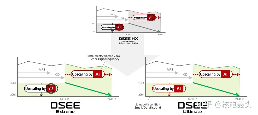 ภาพแสดงการทำงานของเทคโนโลยี DSEE HX และ DSEE Ultimate ในการปรับปรุงคุณภาพเสียงจากไฟล์ MP3 และ CD ให้มีคุณภาพใกล้เคียงกับไฟล์ความละเอียดสูง โดย DSEE HX จะเน้นไปที่การปรับปรุงเสียงเครื่องดนตรีและเสียงร้องหญิง ในขณะที่ DSEE Ultimate จะเน้นไปที่การปรับปรุงรายละเอียดเสียงเล็กๆ น้อยๆ เช่น เสียงเครื่องสาย เสียงกระซิบ และเสียงถอนหายใจ