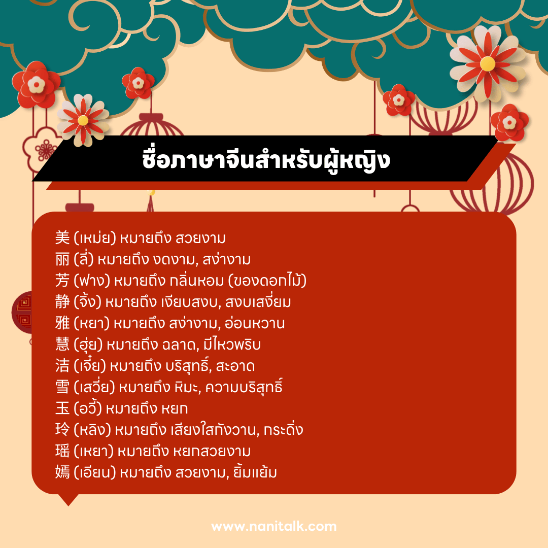 รวมชื่อภาษาจีน ความหมายดีๆ สำหรับผู้หญิง