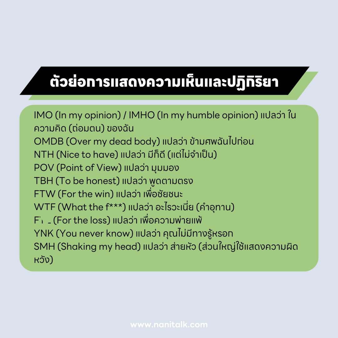 ภาพตัวอย่างตัวย่อภาษาอังกฤษการแสดงความเห็นและปฏิกิริยา